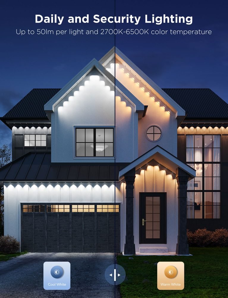 Govee permanent outdoor puck lights mounted in a row under the eaves of a house