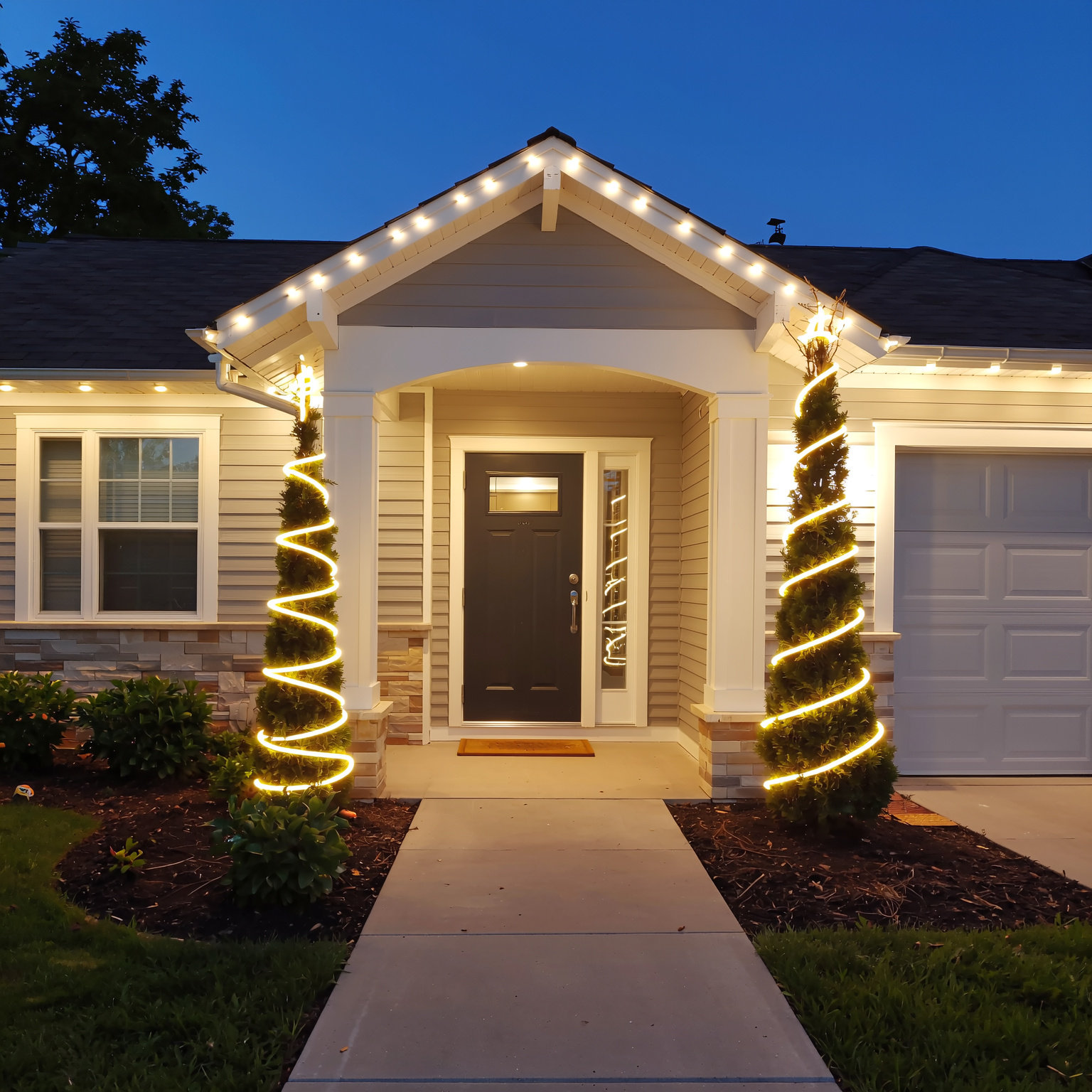 Entryway trees wrapped with matching roofline